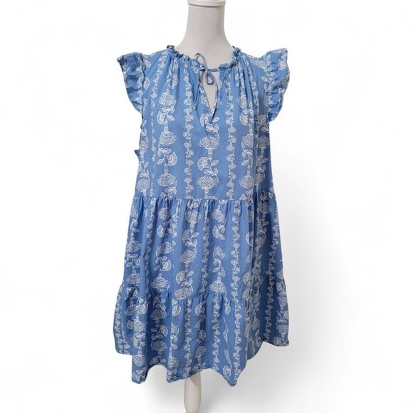 Time and Tru Size XXL Blue Rose Print Tiered Cotton Poplin Dress - Picture 2 of 15